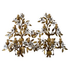 Maison Baguès Style 6 Lichter Kristall Blumen Tole Schleife  Riesige Wandleuchter, um 1920