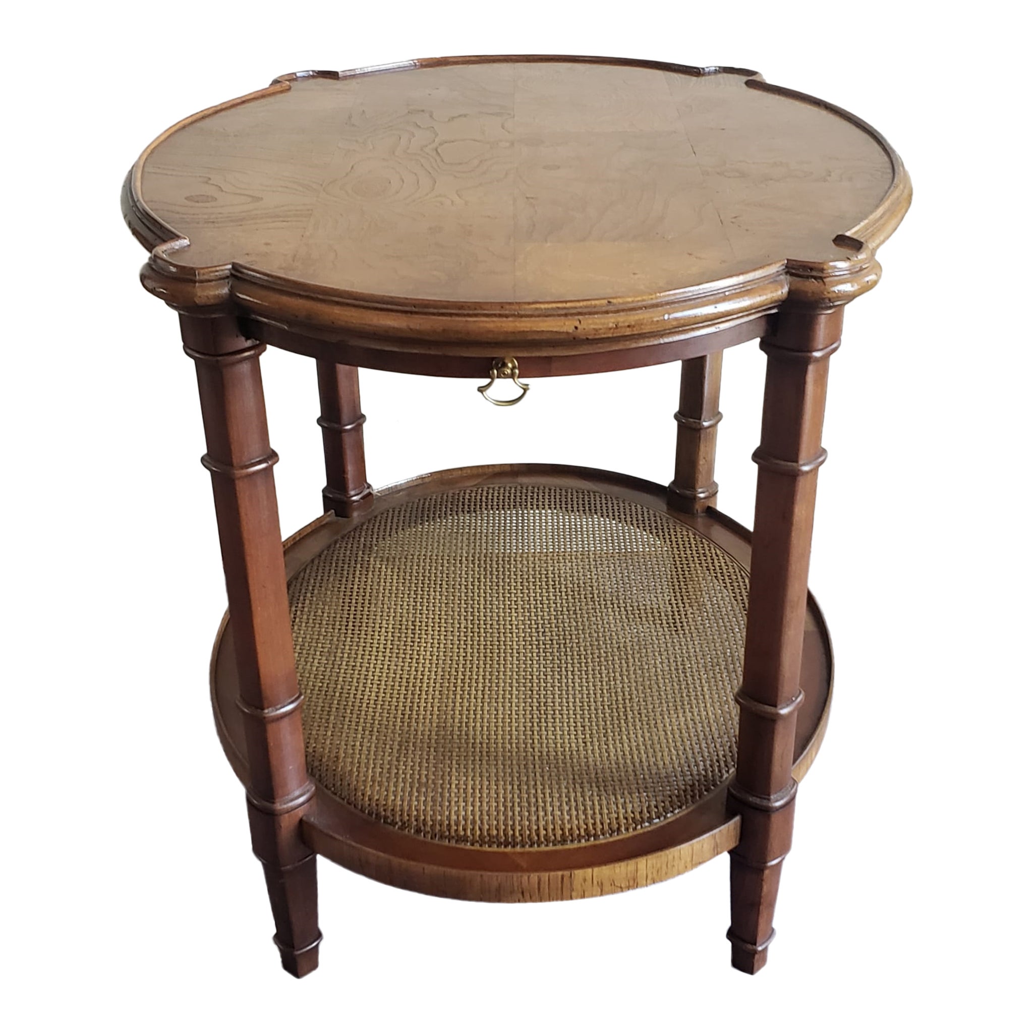 Mid-Century Burl Walnut and Cane Two-Tier Side Table with Pull-out Tray For Sale