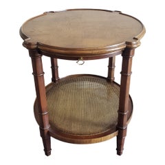 Mid-Century Burl Walnut and Cane Two-Tier Side Table with Pull-out Tray