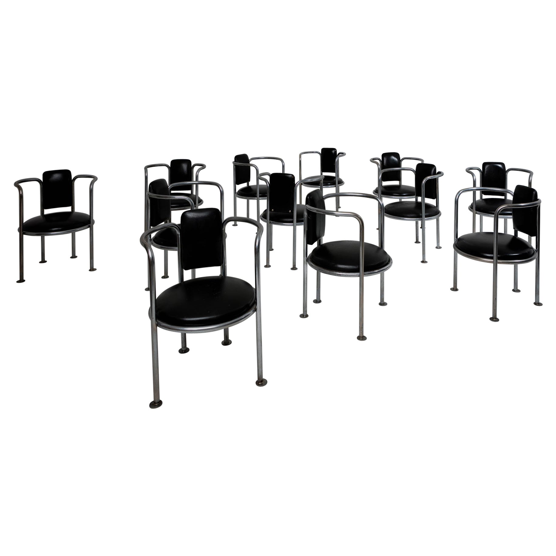 10 Chrome Black Leather Armchairs in the style of Gae Aulenti Poltronova, 1960s For Sale