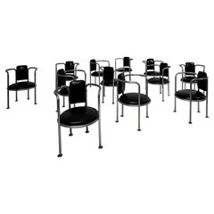 Vintage 10 Chrome Black Leather Armchairs in the style of Gae Aulenti Poltronova, 1960s