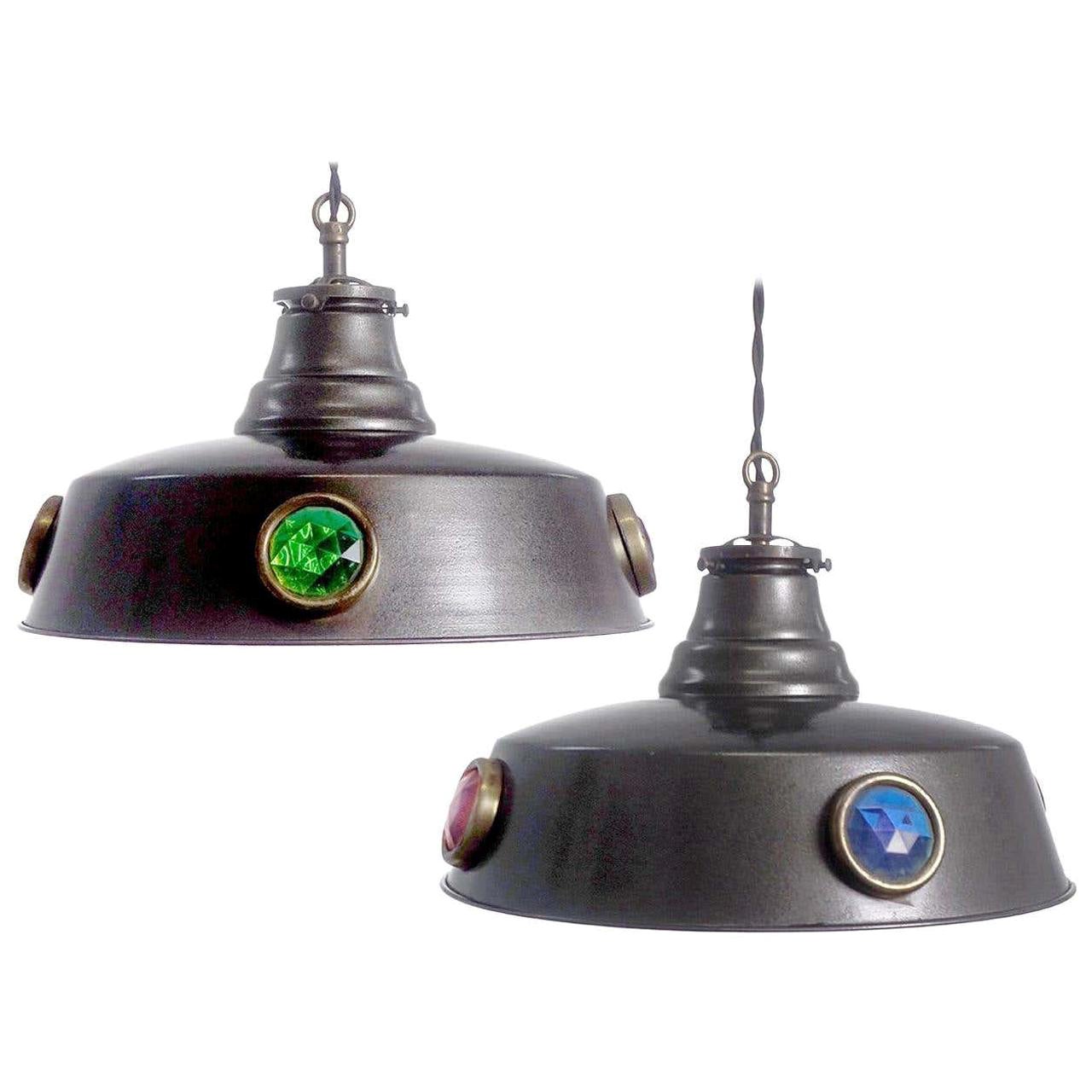 Jeweled Tin Pendants, Pair For Sale