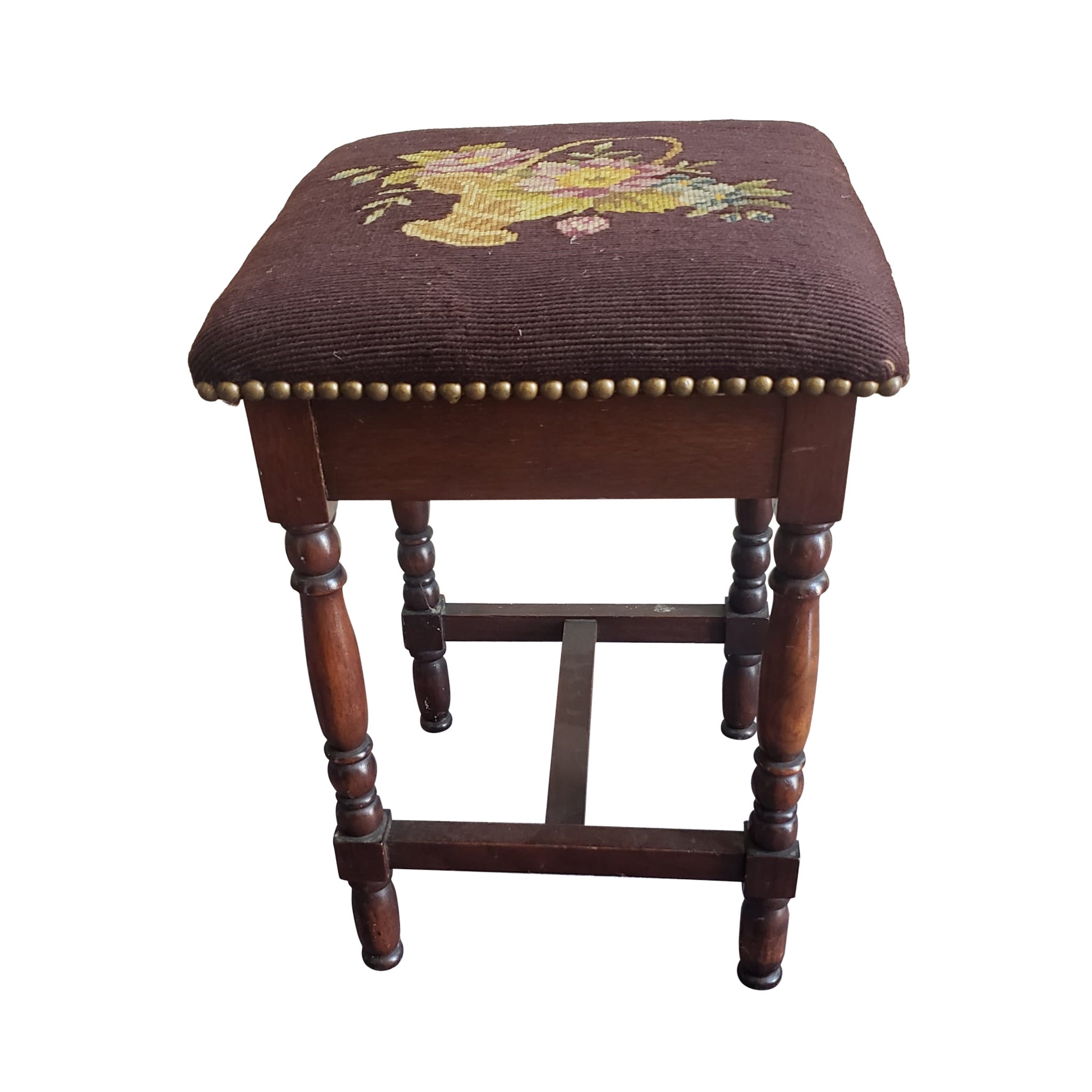 20th Century Mahogany and Upholstered Low Stool with NailHead Trims For Sale