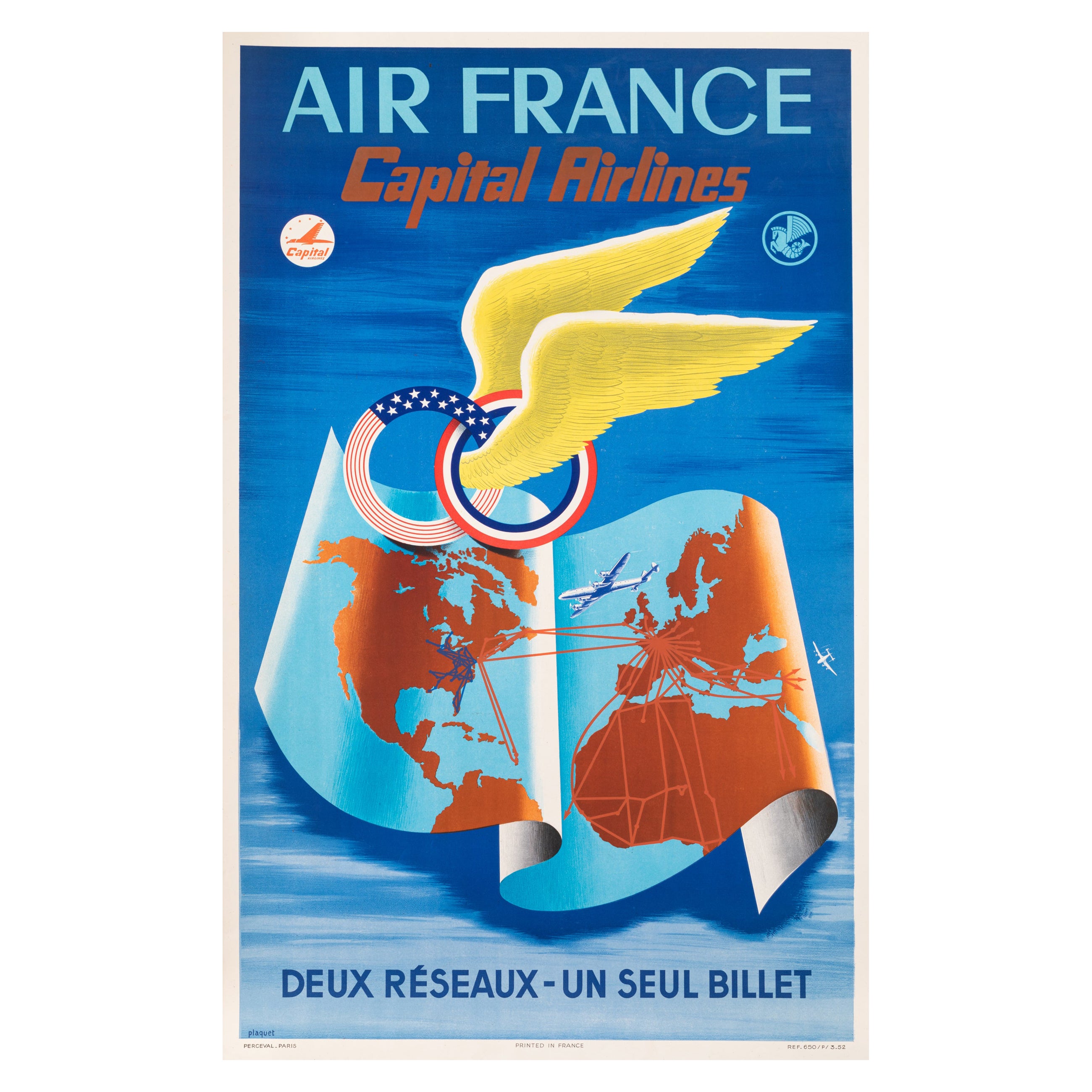 Plaquet, Original Air France Poster, Capital Airlines, USA, Aviation, Plane 1952 For Sale