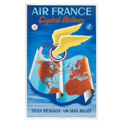 Plaquet, Original Air France Poster, Capital Airlines, USA, Aviation, Plane 1952