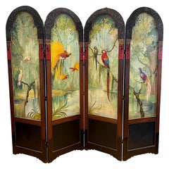 Chinoiserie Hand Painted Four Part Screen of Birds and Flowers