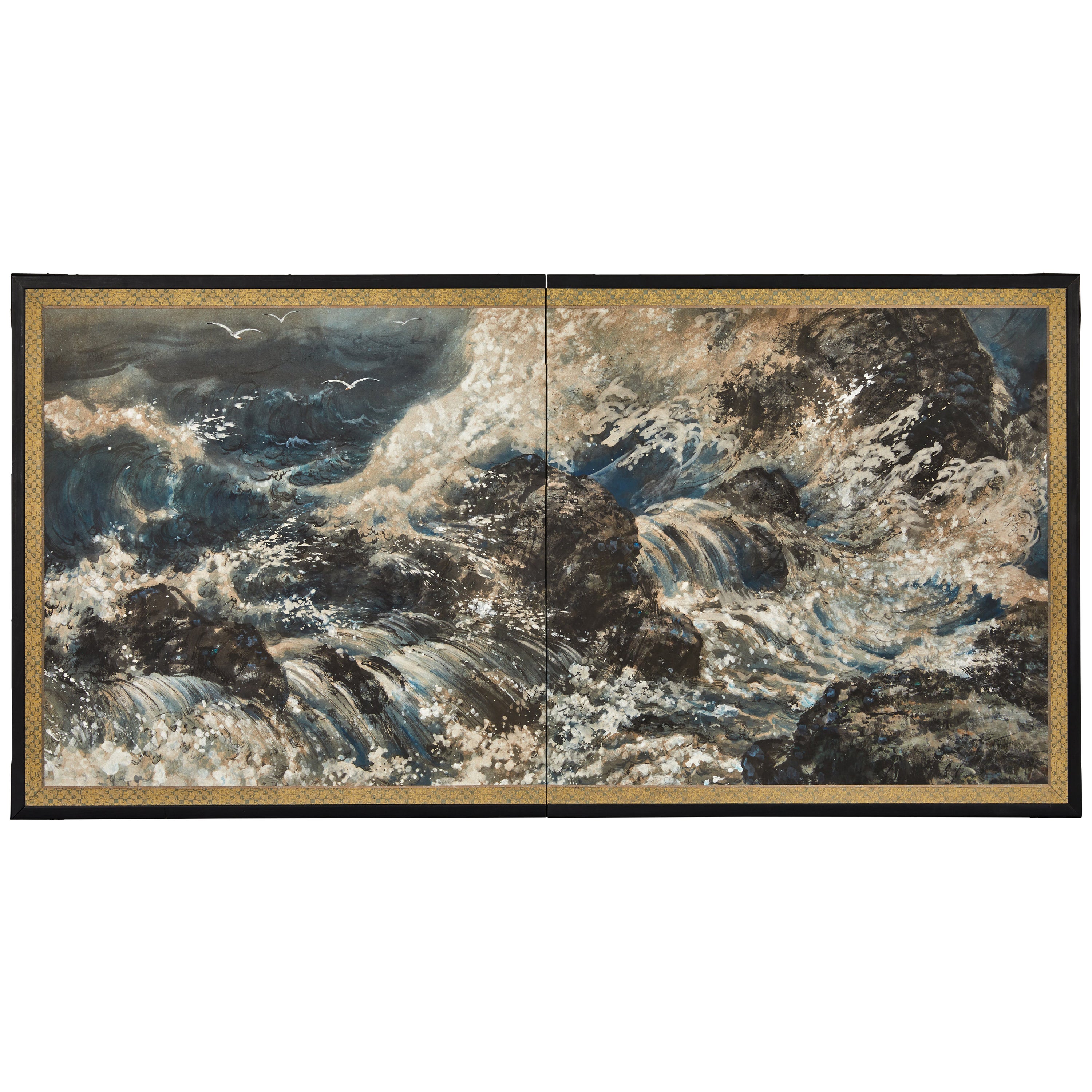 Japanese Two Panel Screen: Rocky Seascape For Sale