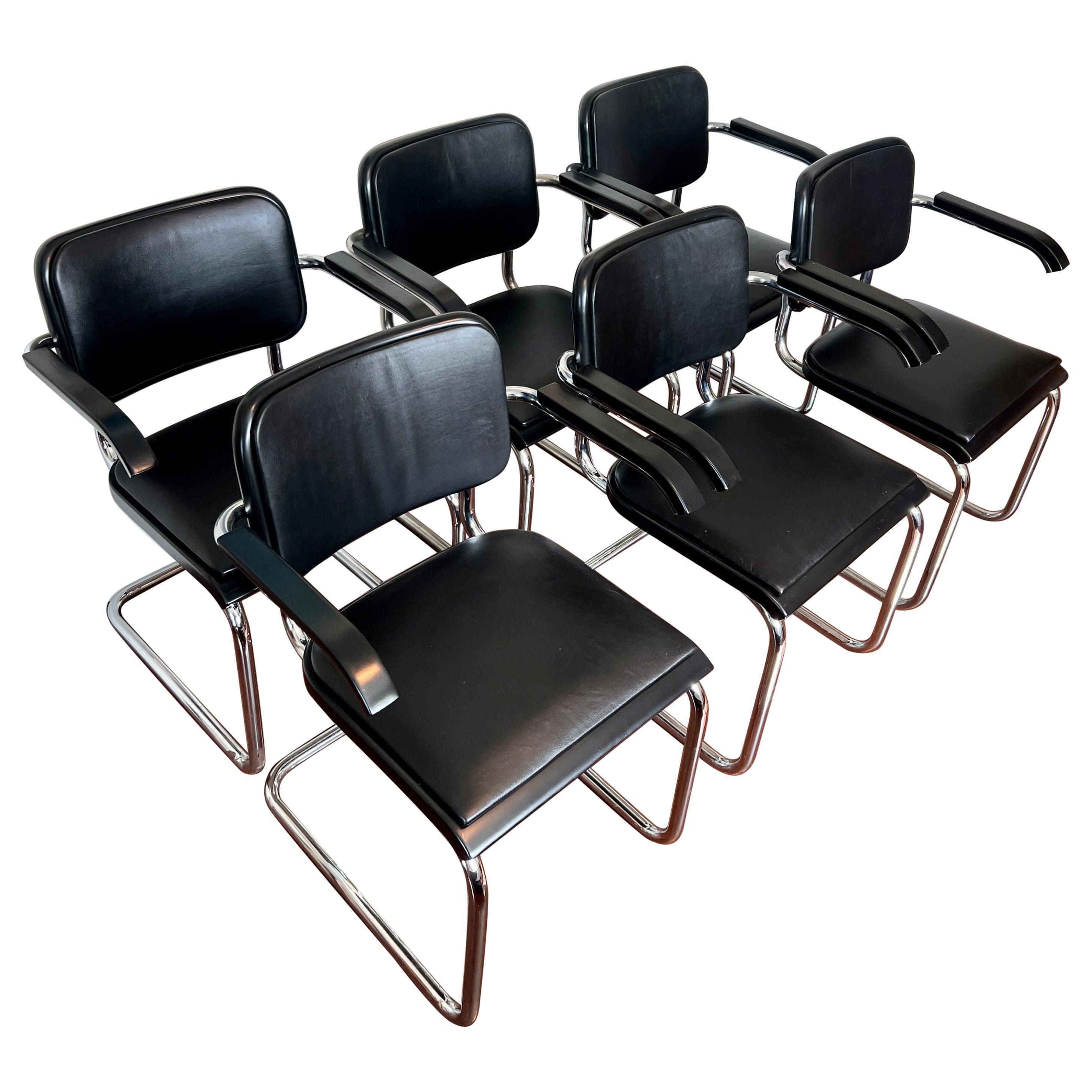 Set of 6 black leather arm chairs by Marcel Breuer for Thonet model S64 For Sale