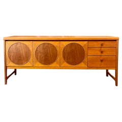 Vintage British mid century modern circle inlay teak sideboard by Nathan furniture