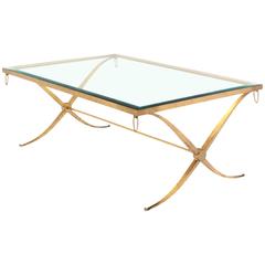 Heavy Gold Gilded Iron X-Base Decorator Coffee Table with Glass Top