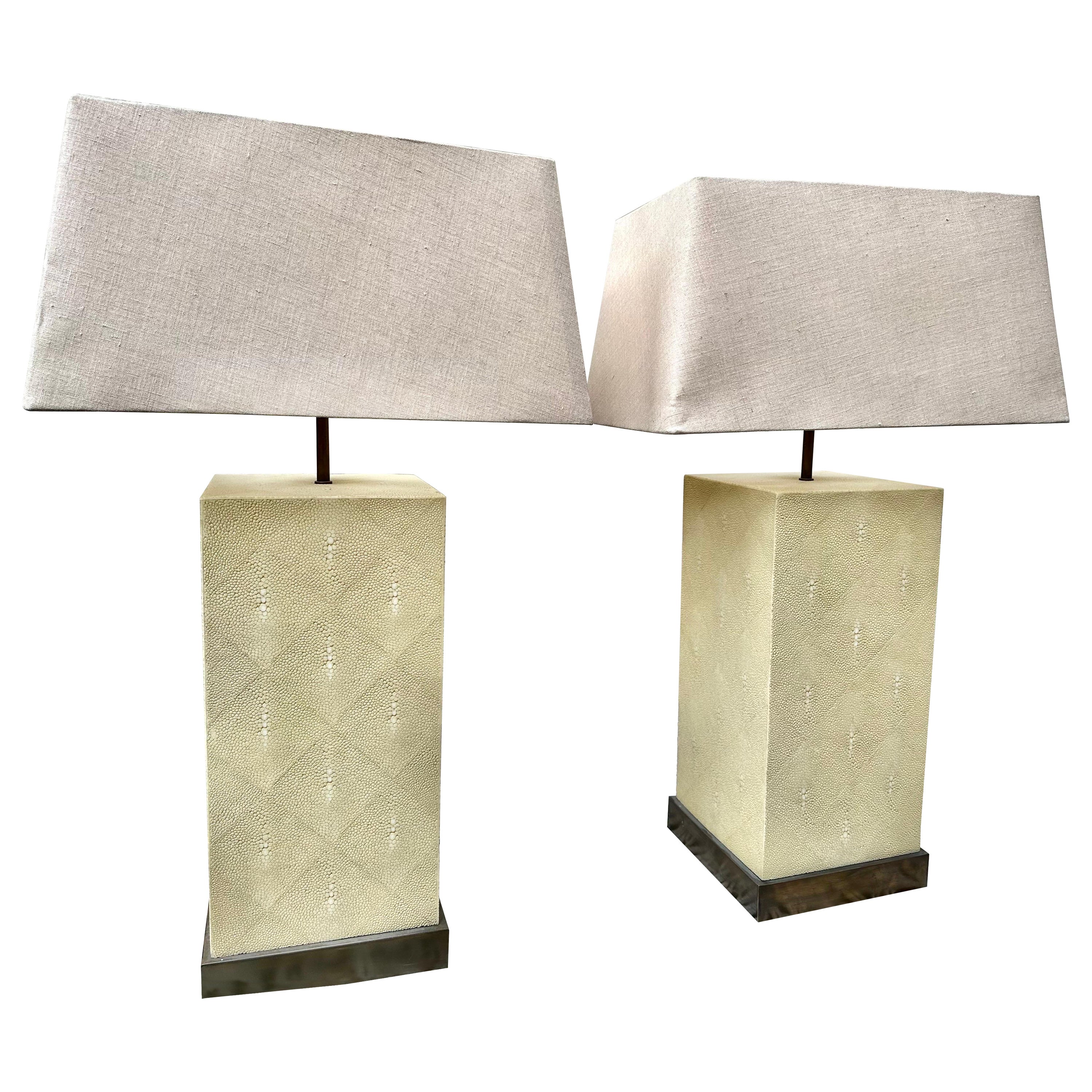 Pair of Julian Chichester Rene faux shagreen lamps in ivory colour. For Sale