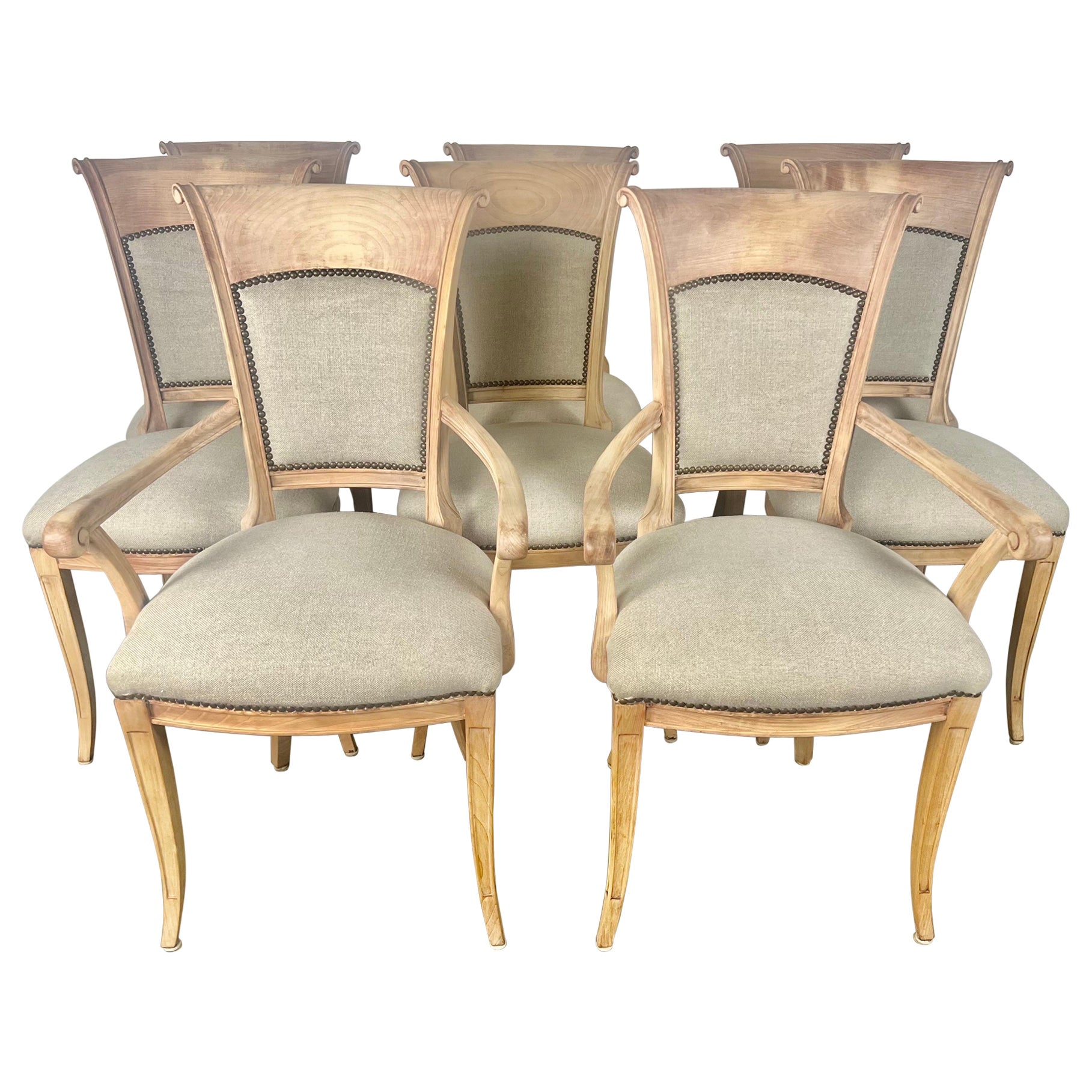 Set of Eight Swedish Dining Room Chairs w/ Belgium Linen Upholstery