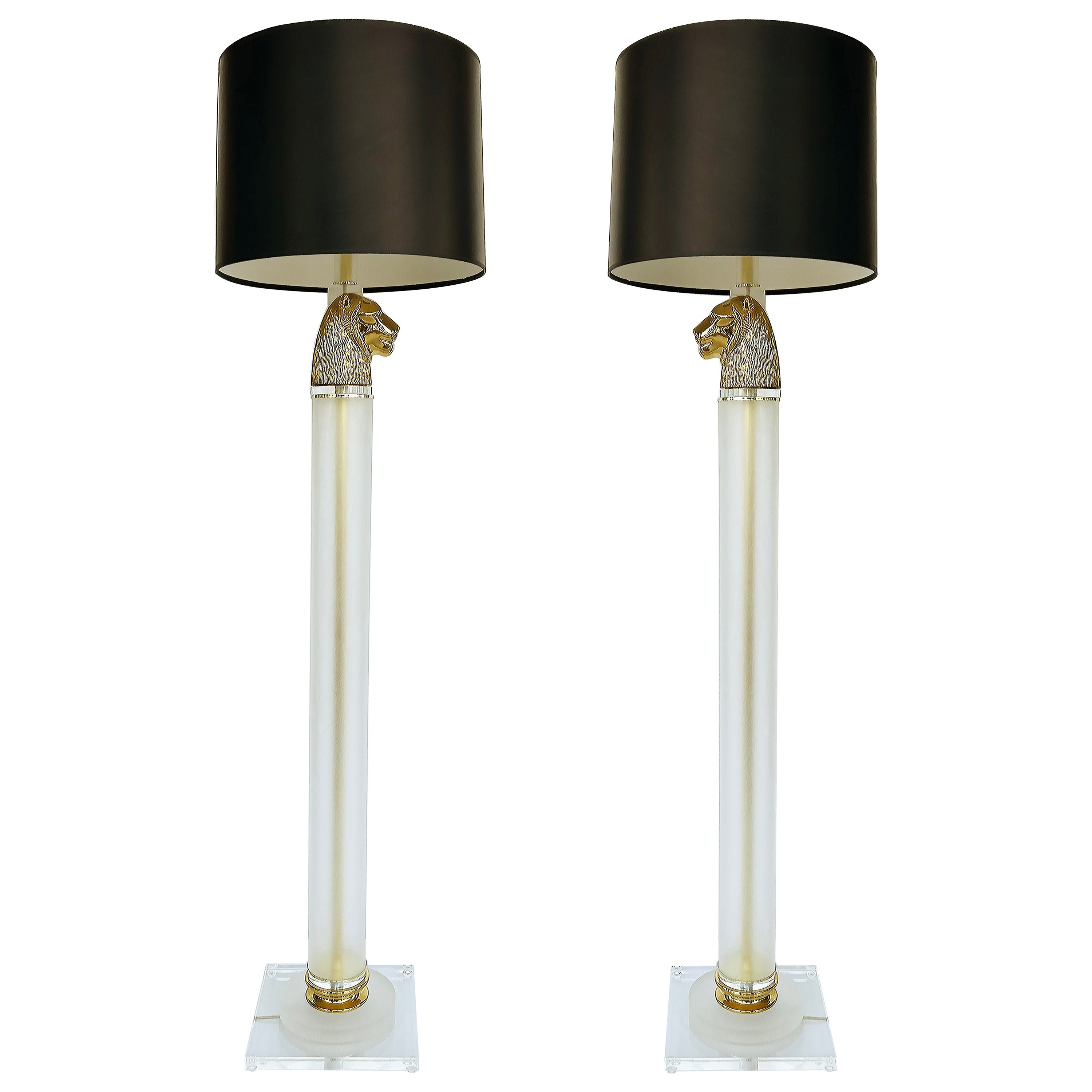 Vintage Brass Panther Head Floor Lamps with Lucite, Pair 