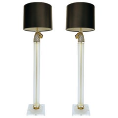 Vintage Brass Panther Head Floor Lamps with Lucite, Pair 