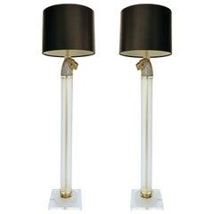 Lampade da terra a testa di pantera in ottone vintage con lucite, coppia