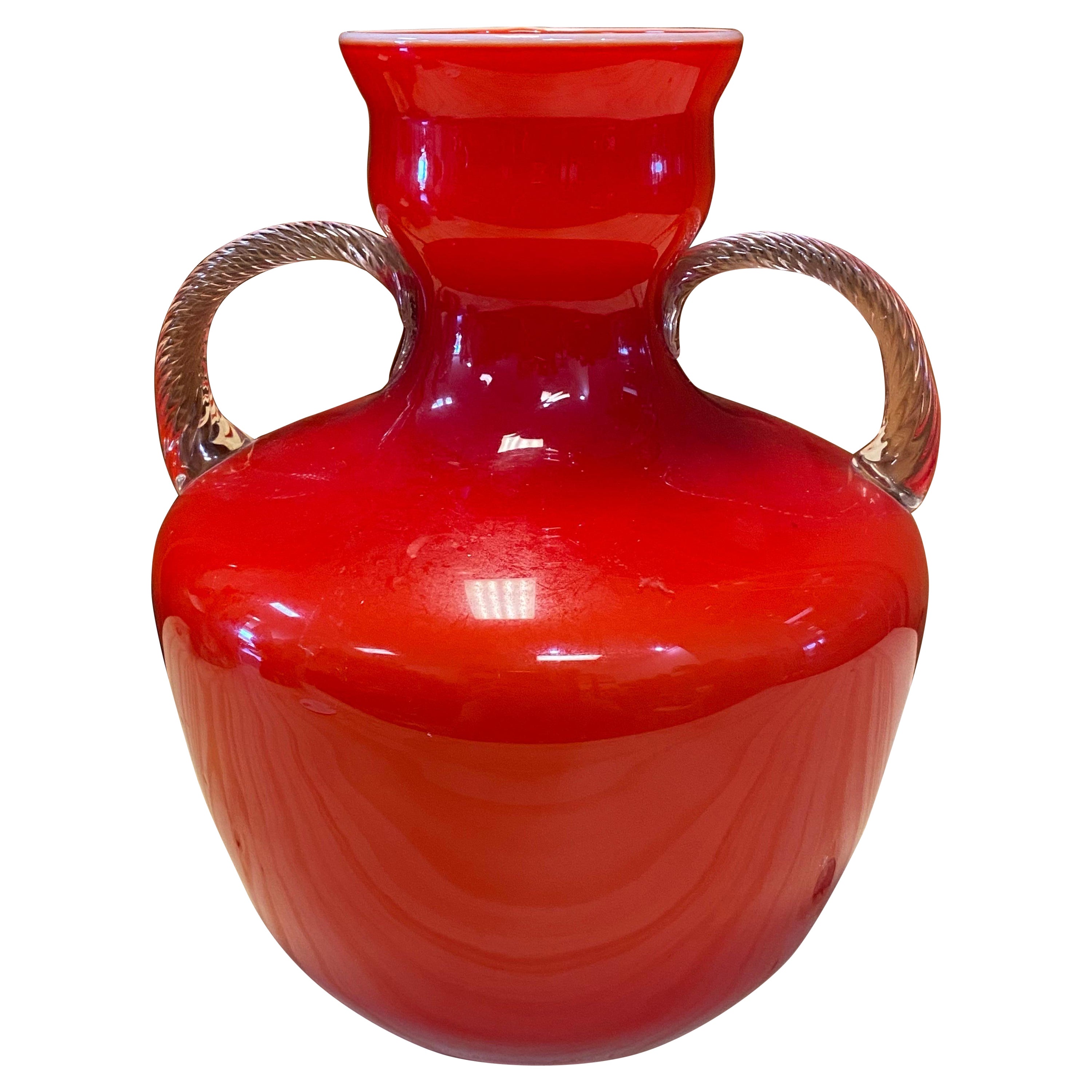 1960's Opalina Fiorentina Red Glass Vase, Made in Italy For Sale