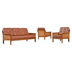 Tufted Leather Balinese Style Danish Modern Solid Teak and Cane Sofa & Chairs