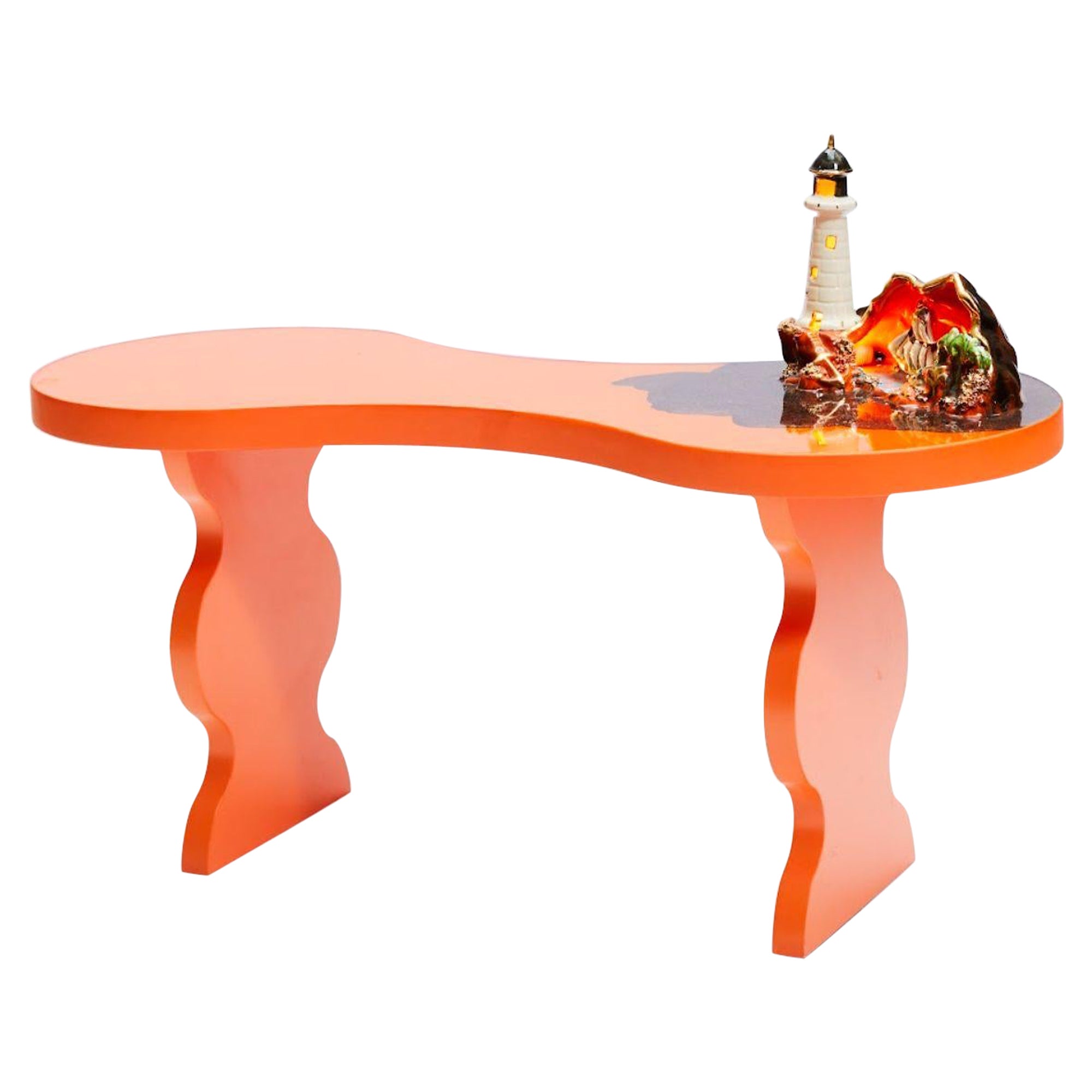 "Bisou" bench, orange matte lacquer, glittery brown resin, cast Vallauris lamp For Sale