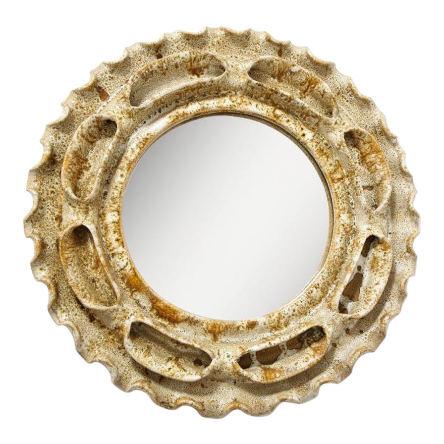 Beige and Brown Speckled Sculpted Glazed Ceramic Wall Mirror, 20th Century