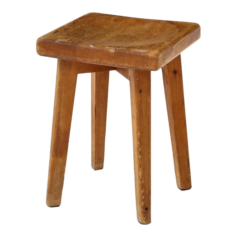 Hand Carved Pine Stool by Christian Durupt, France For Sale