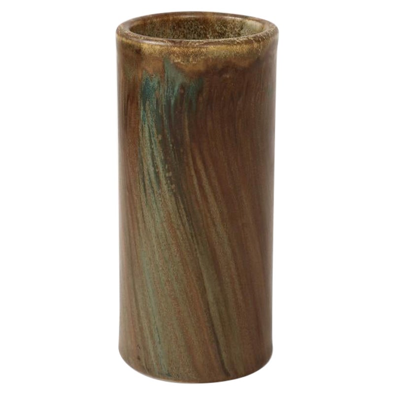 Unique Cylindrical Brown and Green Ceramic Vase by Jean Pointu, c. 1920