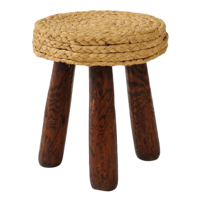Rush and Pine Stool by Adrian Audoux and Frida Minet, c. 1960 For Sale