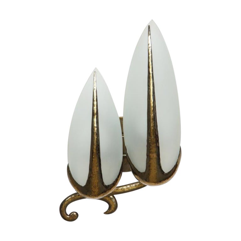 Hand-Hammered Brass and Opaline Sconce, c. 1940 For Sale
