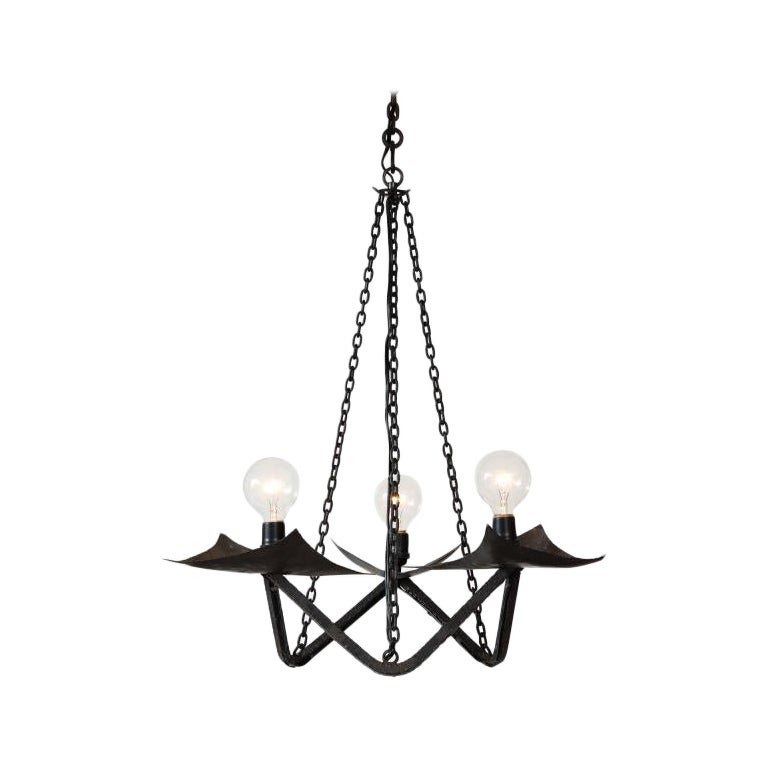 Black Wrought Iron Chandelier in the Manner of Raymond Subes, 20th Century