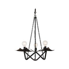 Black Wrought Iron Chandelier in the Manner of Raymond Subes, 20th Century