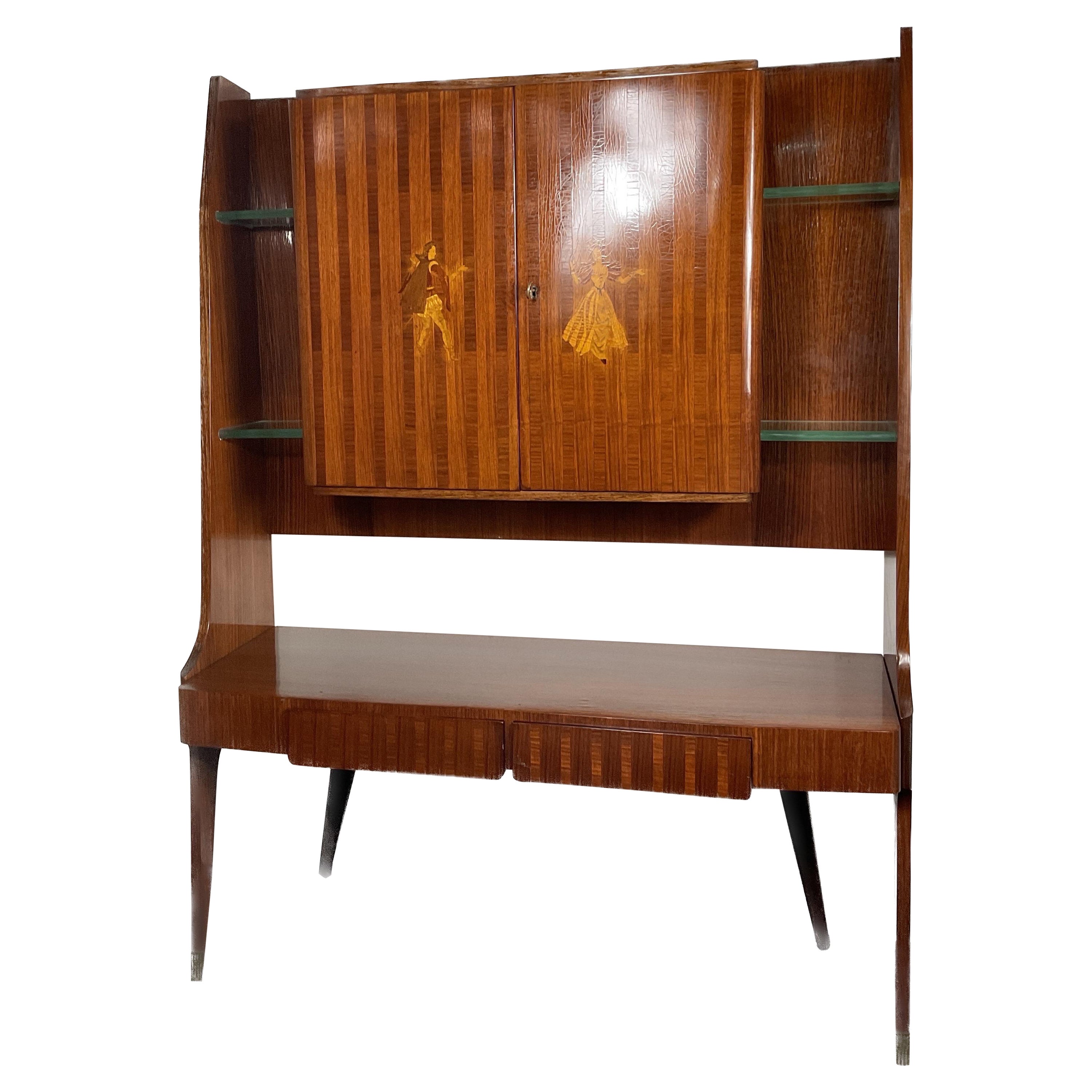 Vintage inlaid bar cabinet by Vittorio Dassi, 1950 For Sale