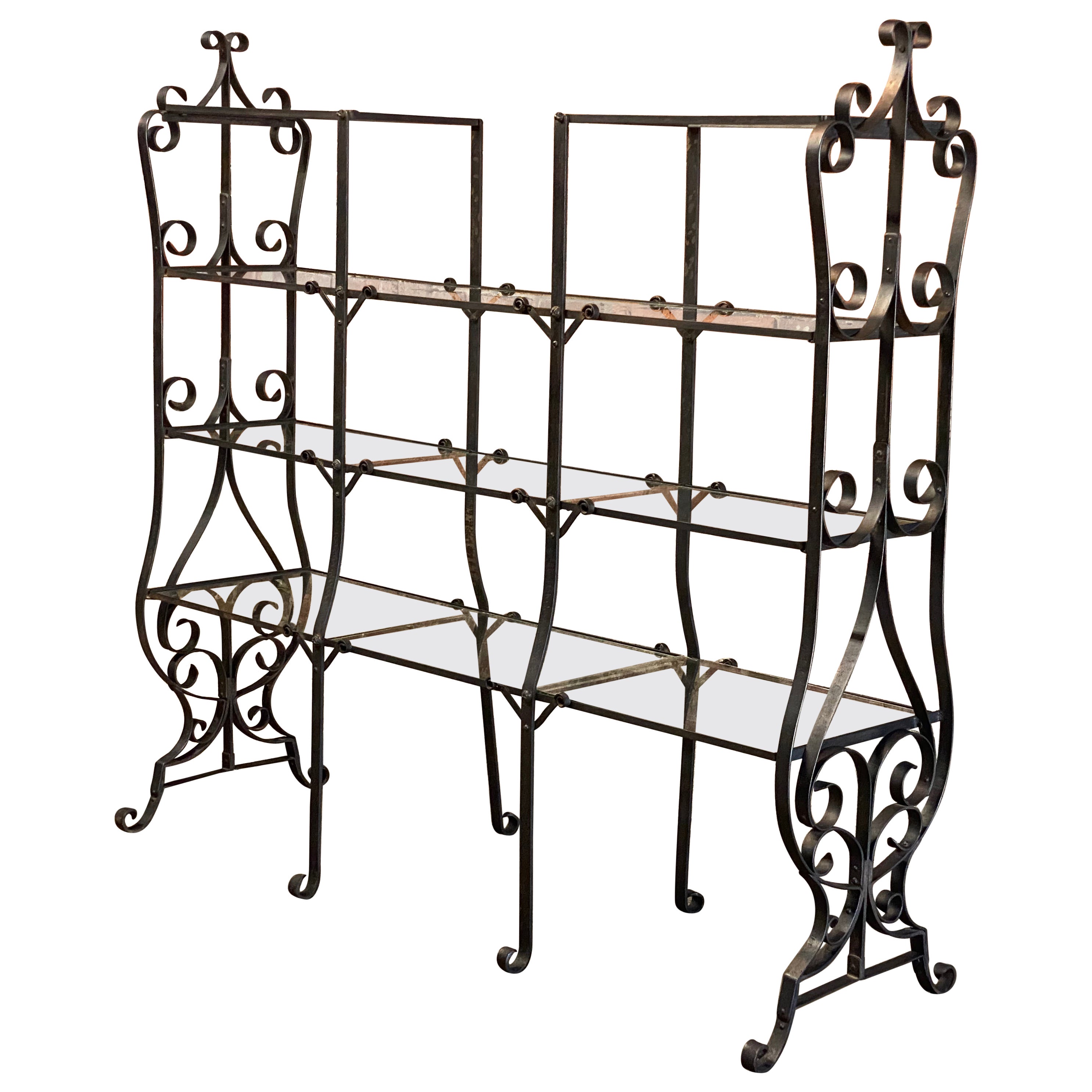 French Art Nouveau Scrolled Wrought Iron and Glass Etagere For Sale