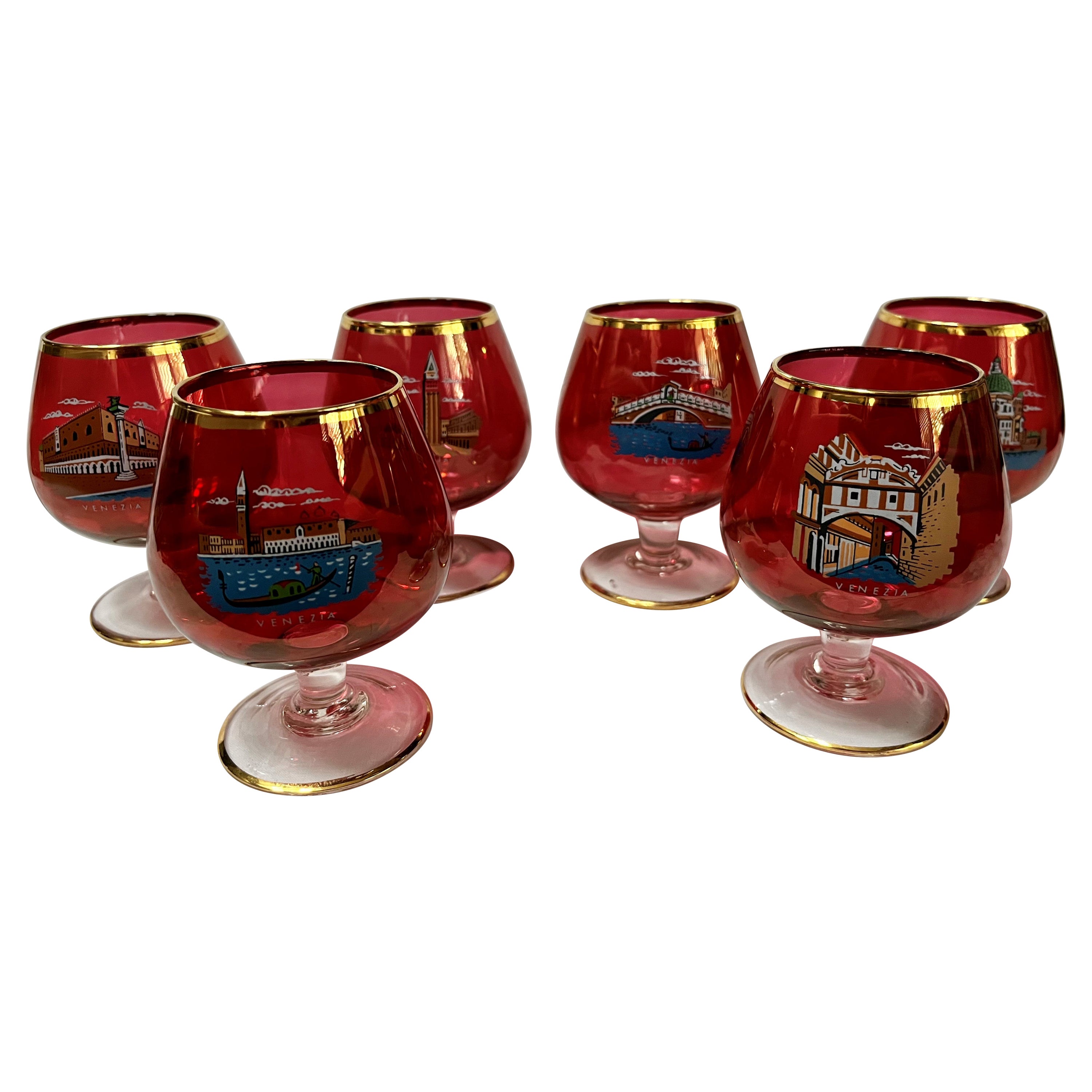 Set of six glasses, 1950s, Mid-Century, Sights of Venice, Italy  For Sale