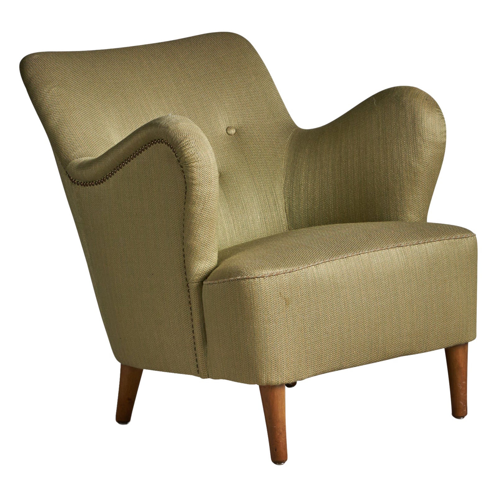 Danish Designer, Organic Lounge Chair, Wood, Fabric, Denmark, 1940s