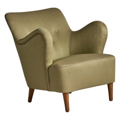 Vintage Danish Designer, Organic Lounge Chair, Wood, Fabric, Denmark, 1940s