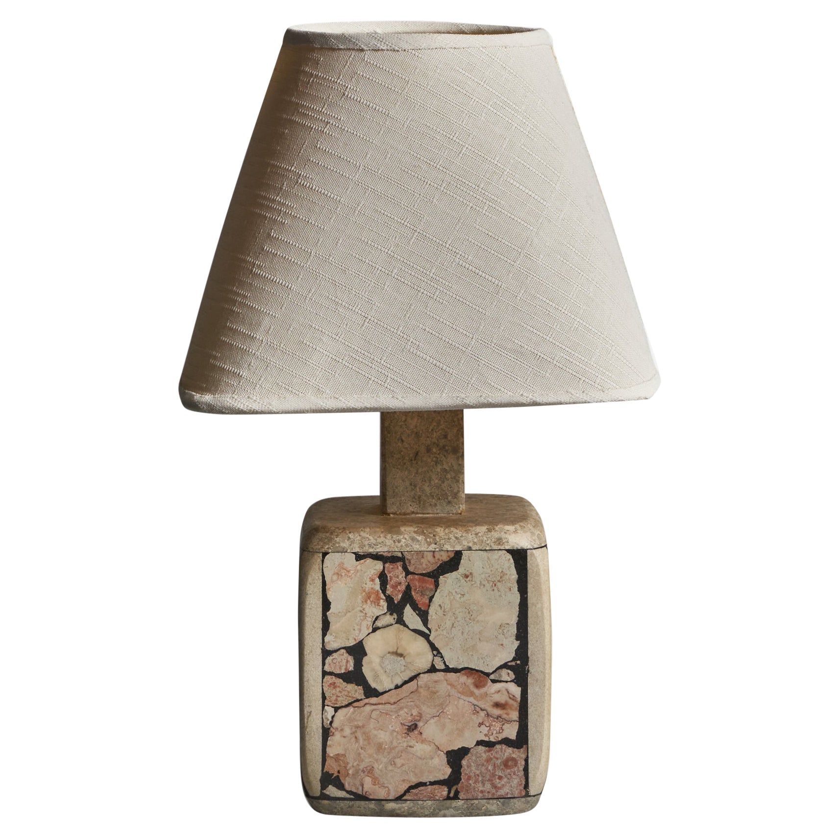 Swedish Designer, Table Lamp, Fossil Stone, Fabric, Sweden 1970s For Sale