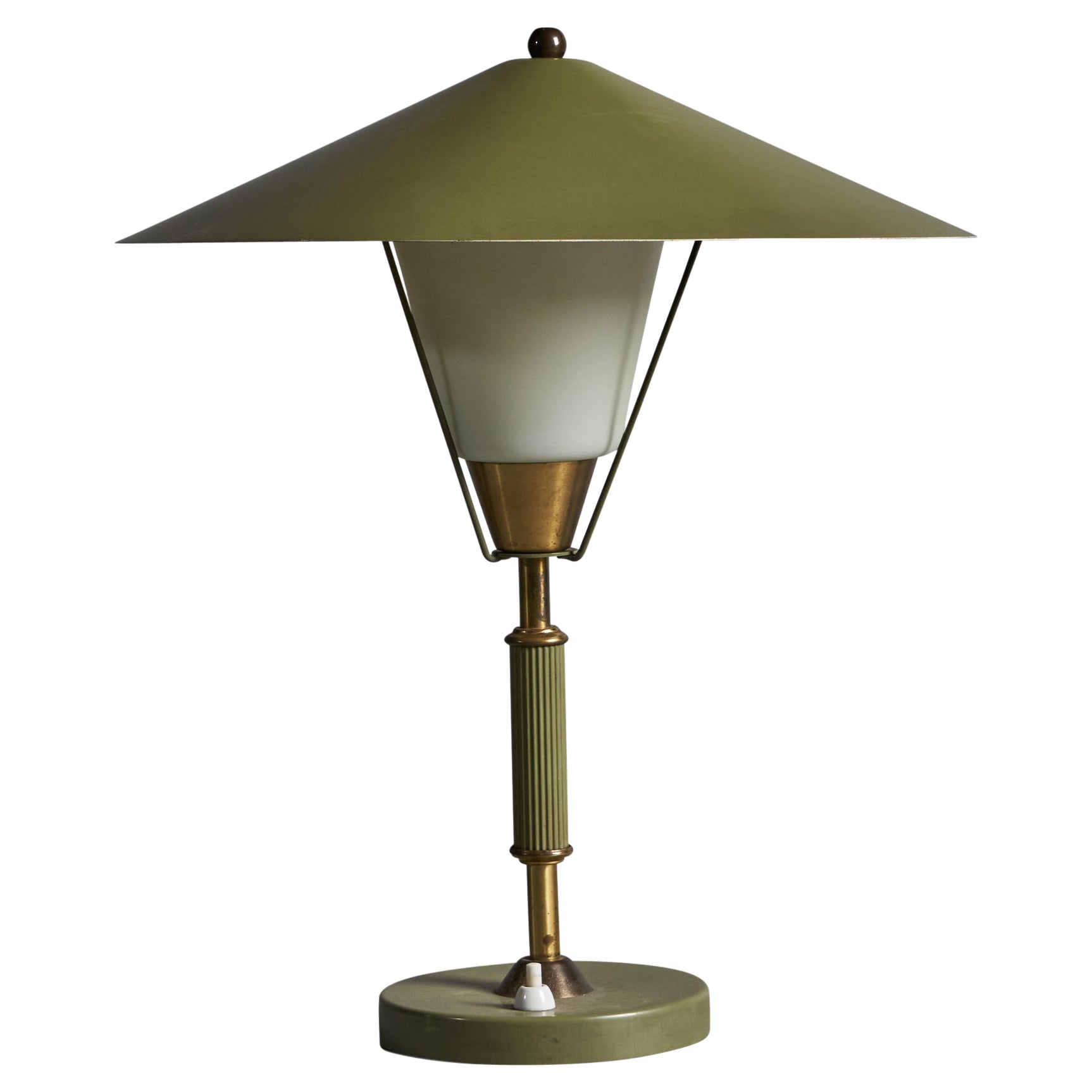 Lyfa, Table Lamp, Brass, Metal, Opal Glass, Denmark, 1940s For Sale