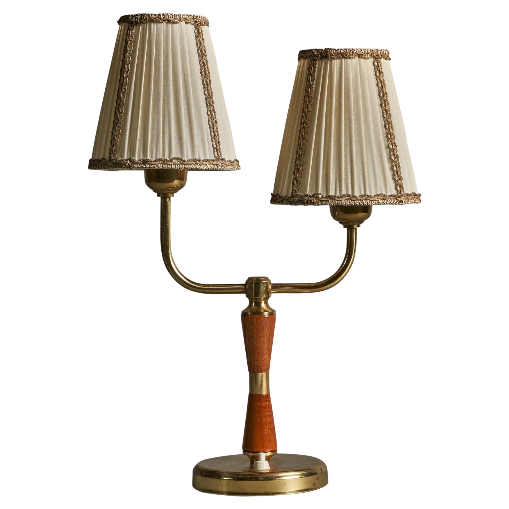 Eos, Table Lamp, Brass, Oak, Fabric, Sweden, 1940s For Sale