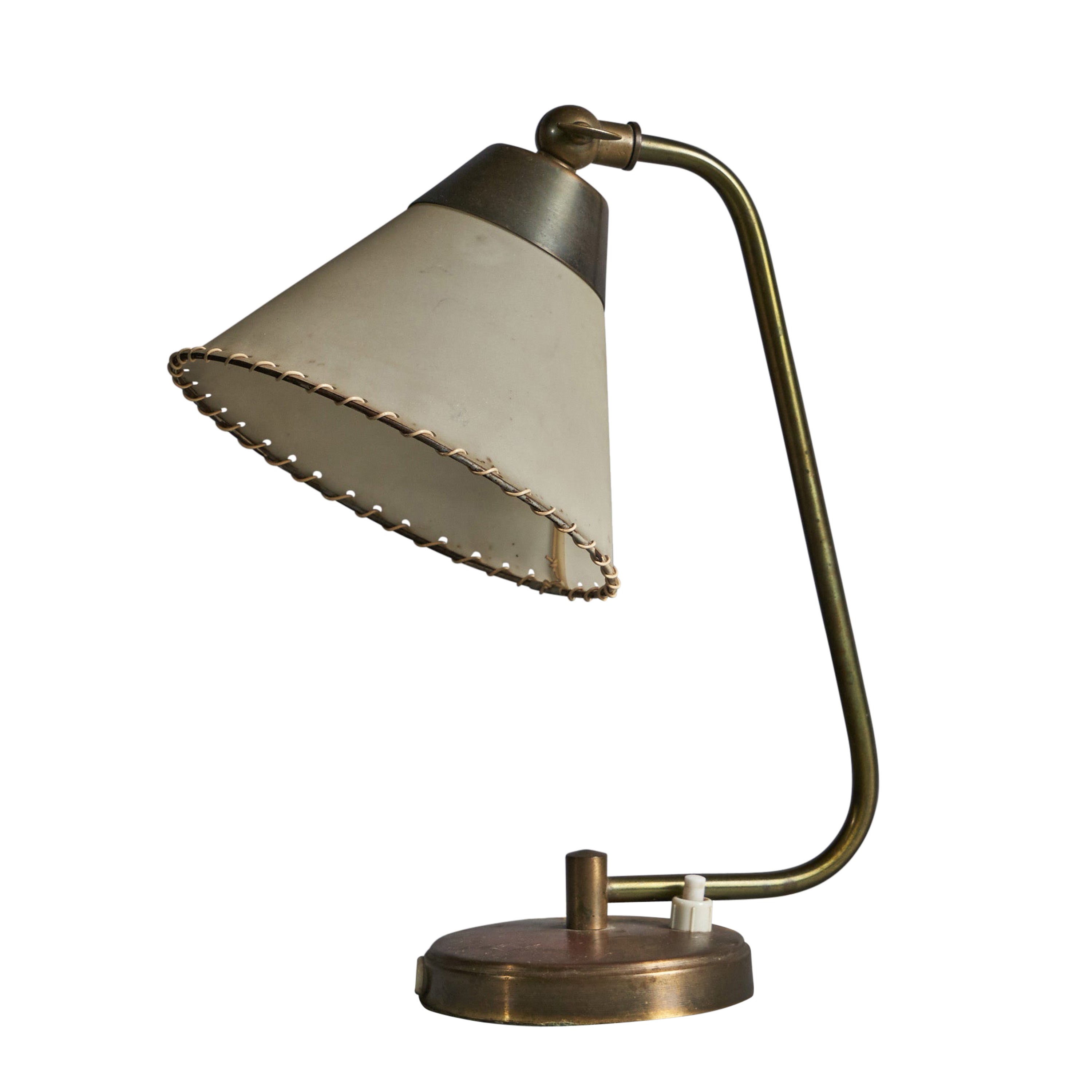 Danish Designer, Adjustable Table Lamp, Brass, Parchment Paper, Denmark 1940s For Sale