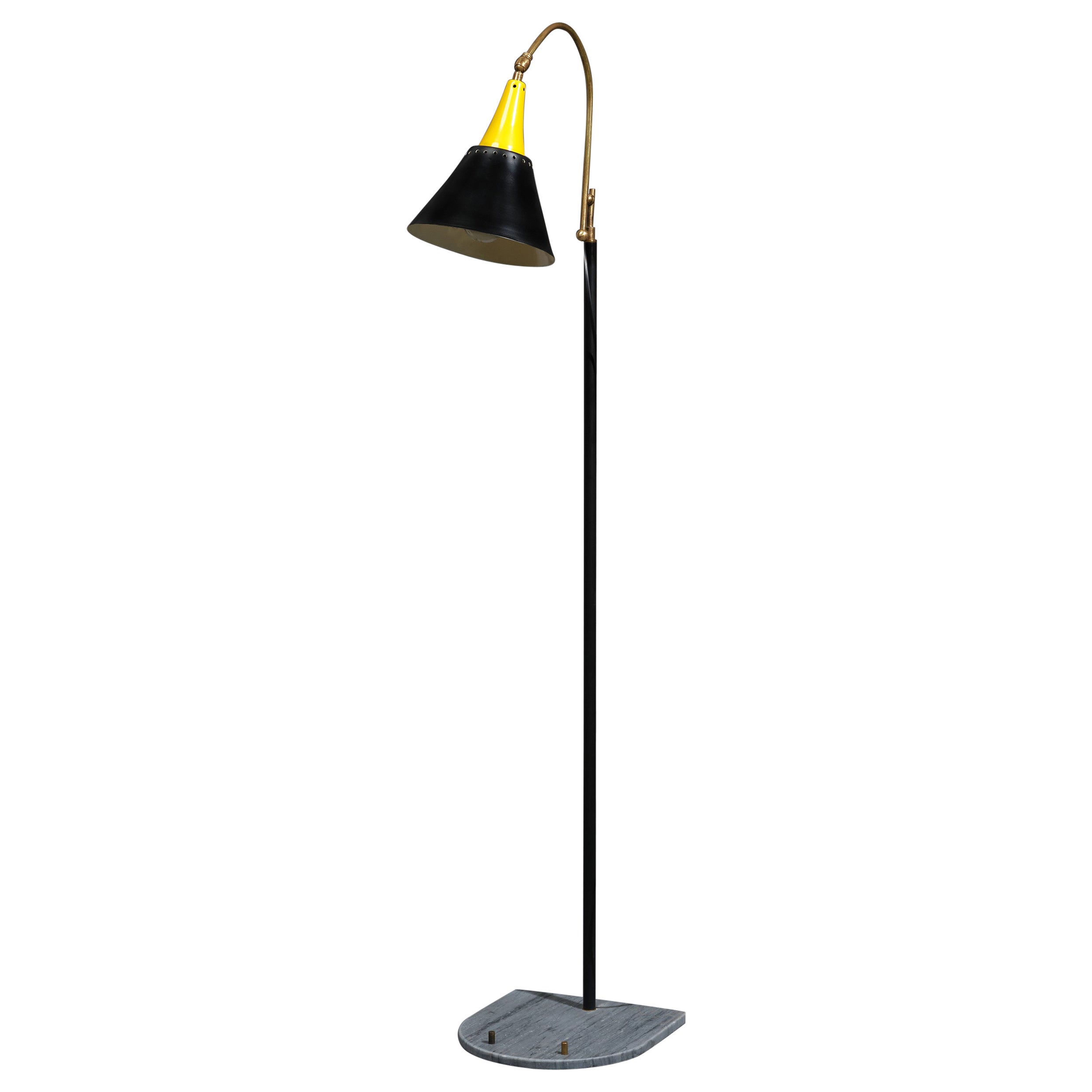 1950s Italian Design Floor Lamp - Enamel Metal Shade, Brass Accents For Sale
