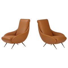 Vintage Pair of Italian Modernist Leather Lounge, Slipper Chairs , Italy, circa 1950