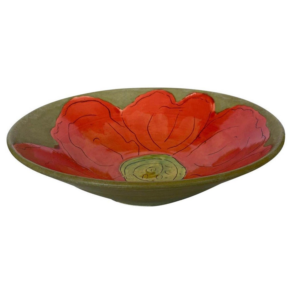 Mid Century Folk Art Hand Painted Flower Design Serving Bowl For Sale