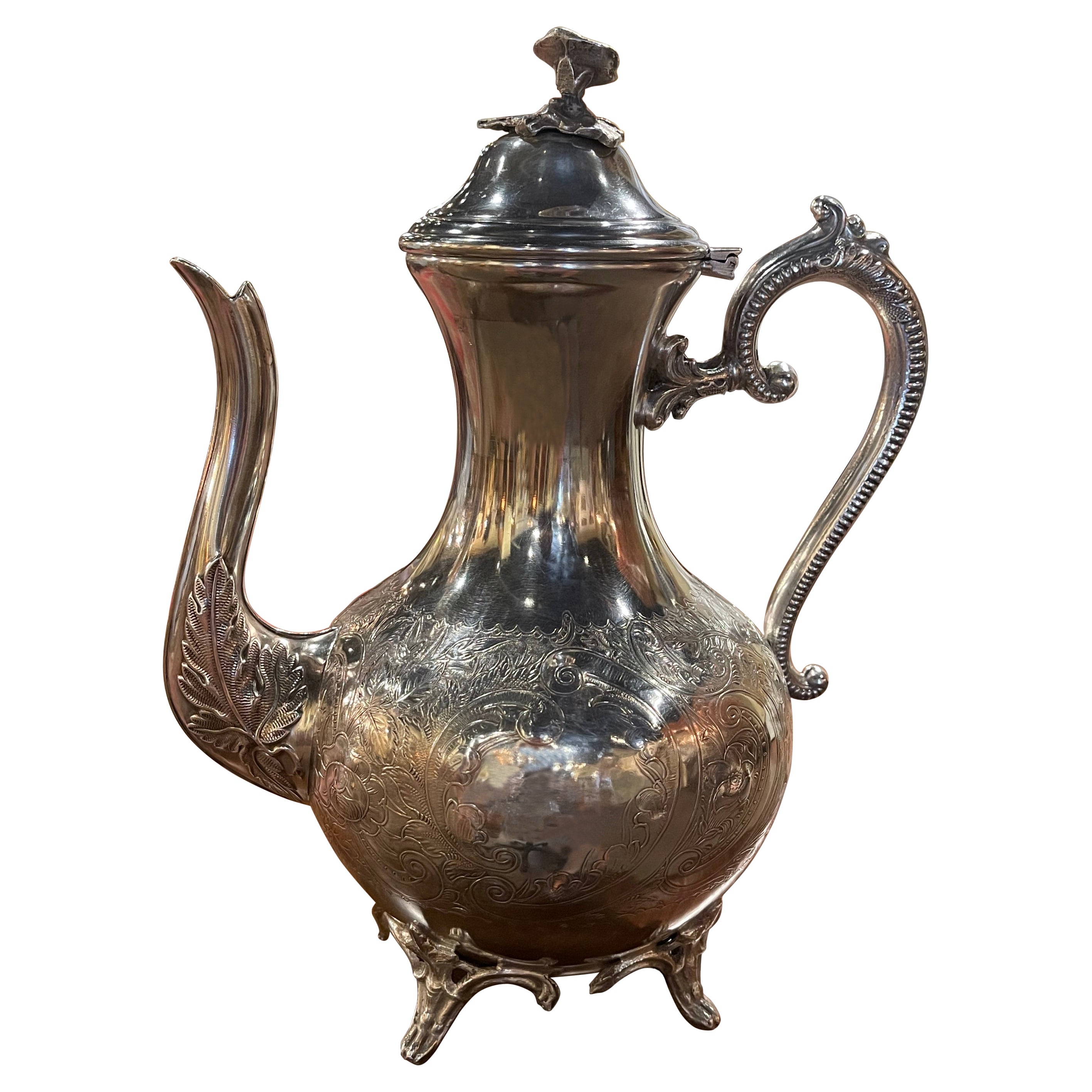 Early 20th Century French Silver Plated Teapot or Coffeepot with Engraved Motifs For Sale