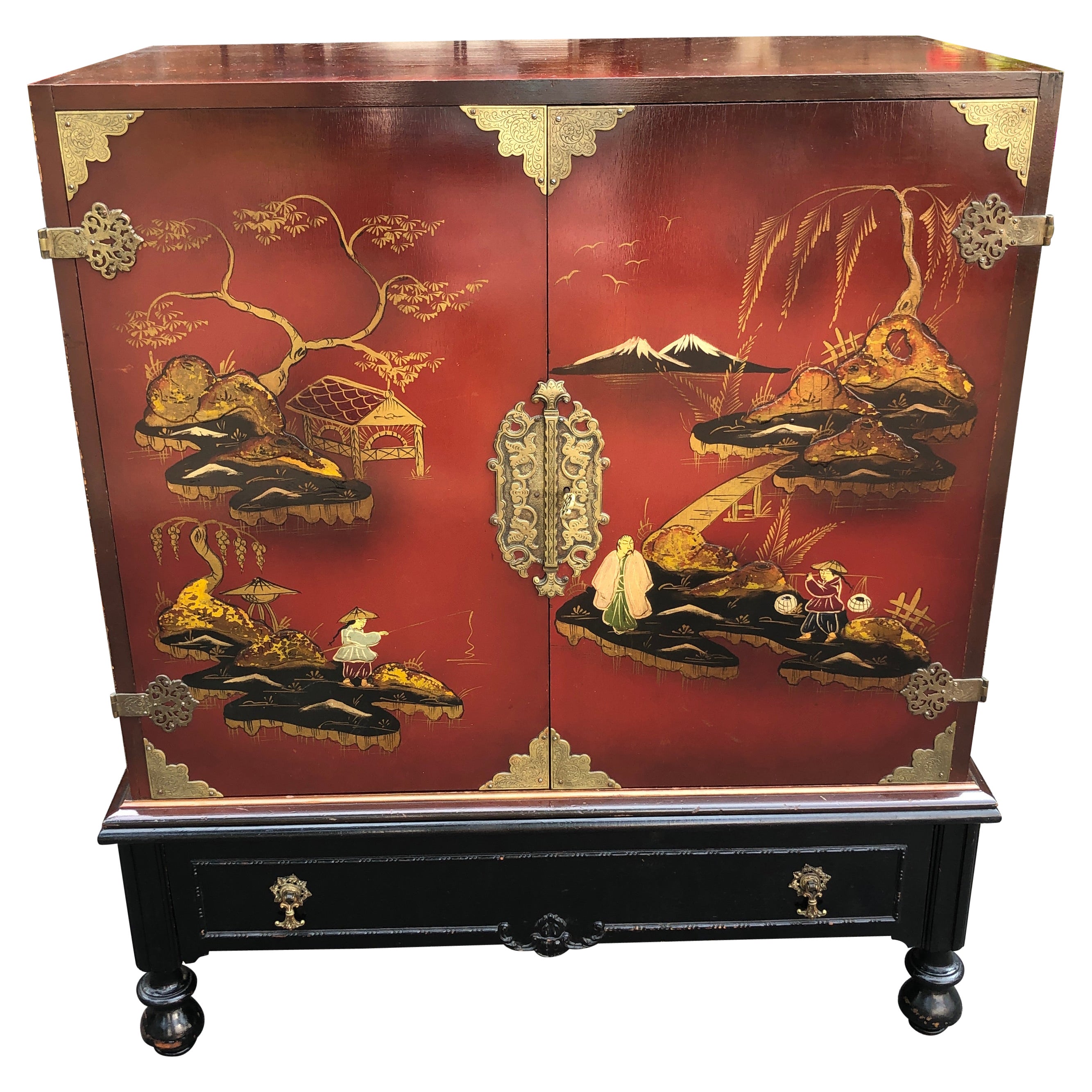 Lovely Chinoiserie Bar Linen Cabinet Hand Painted  For Sale
