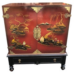 Antique Lovely Chinoiserie Bar Linen Cabinet Hand Painted 