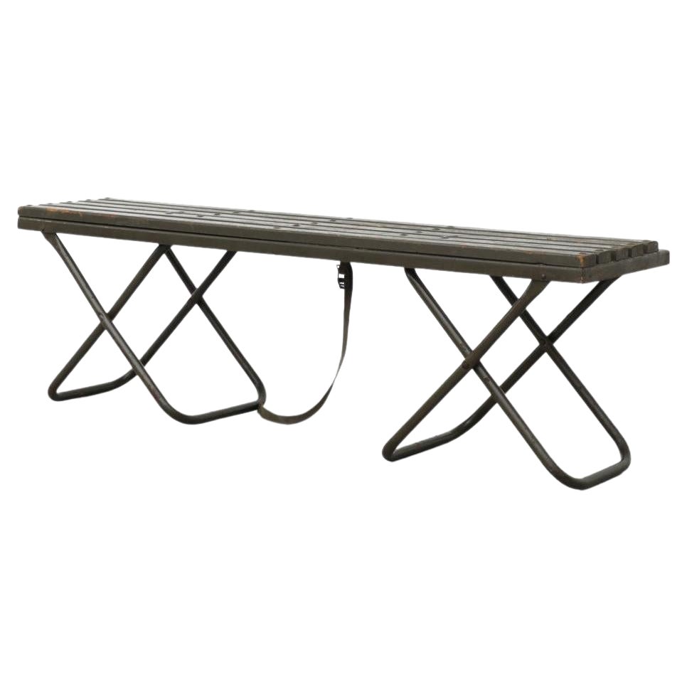 Mid-Century Green Folding Dutch Army Benches with Wood Slats and Metal Legs For Sale