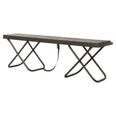 Mid-Century Green Folding Dutch Army Benches with Wood Slats and Metal Legs