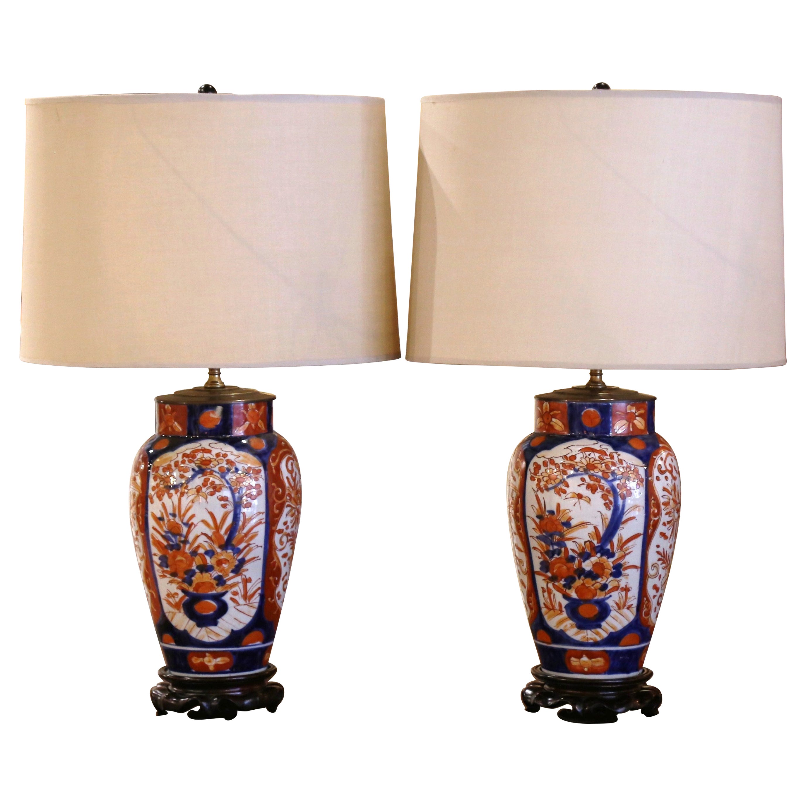 Pair of Early 20th Century Japanese Imari Painted Porcelain & Brass Table Lamps 