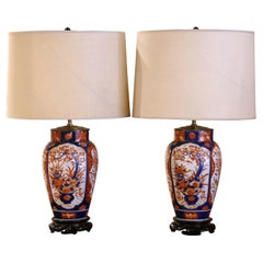 Pair of Early 20th Century Japanese Imari Painted Porcelain & Brass Table Lamps 