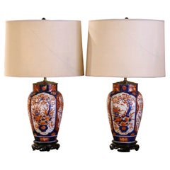 Pair of Early 20th Century Japanese Imari Painted Porcelain & Brass Table Lamps