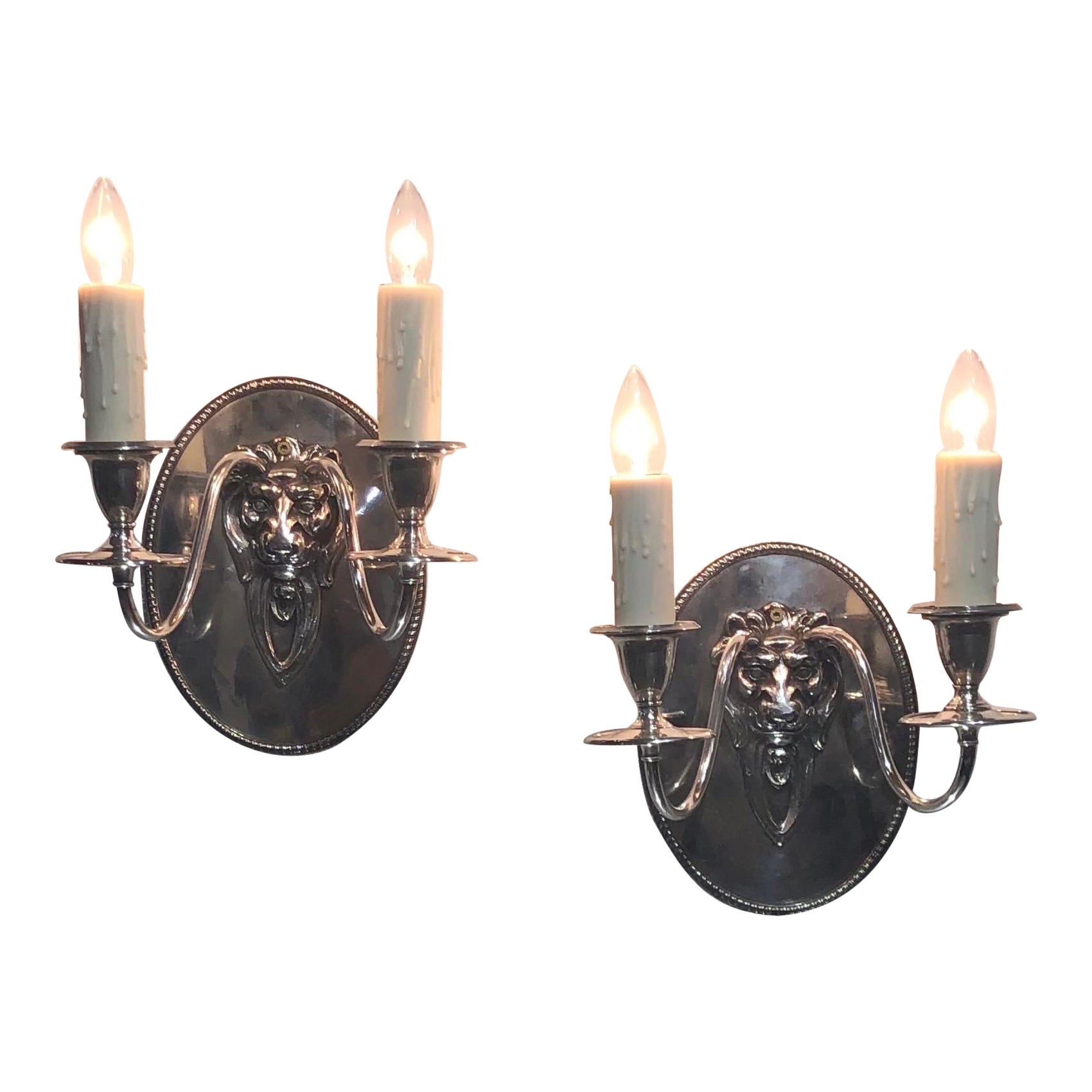 Pair Regency Style Lion Silver Plate Sconces Stamped Gebelein, Boston For Sale